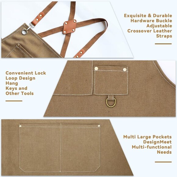 Chef Aprons for Men Women, Cotton Canvas Cross Back Adjustable Apron with Large - Picture 2 of 5